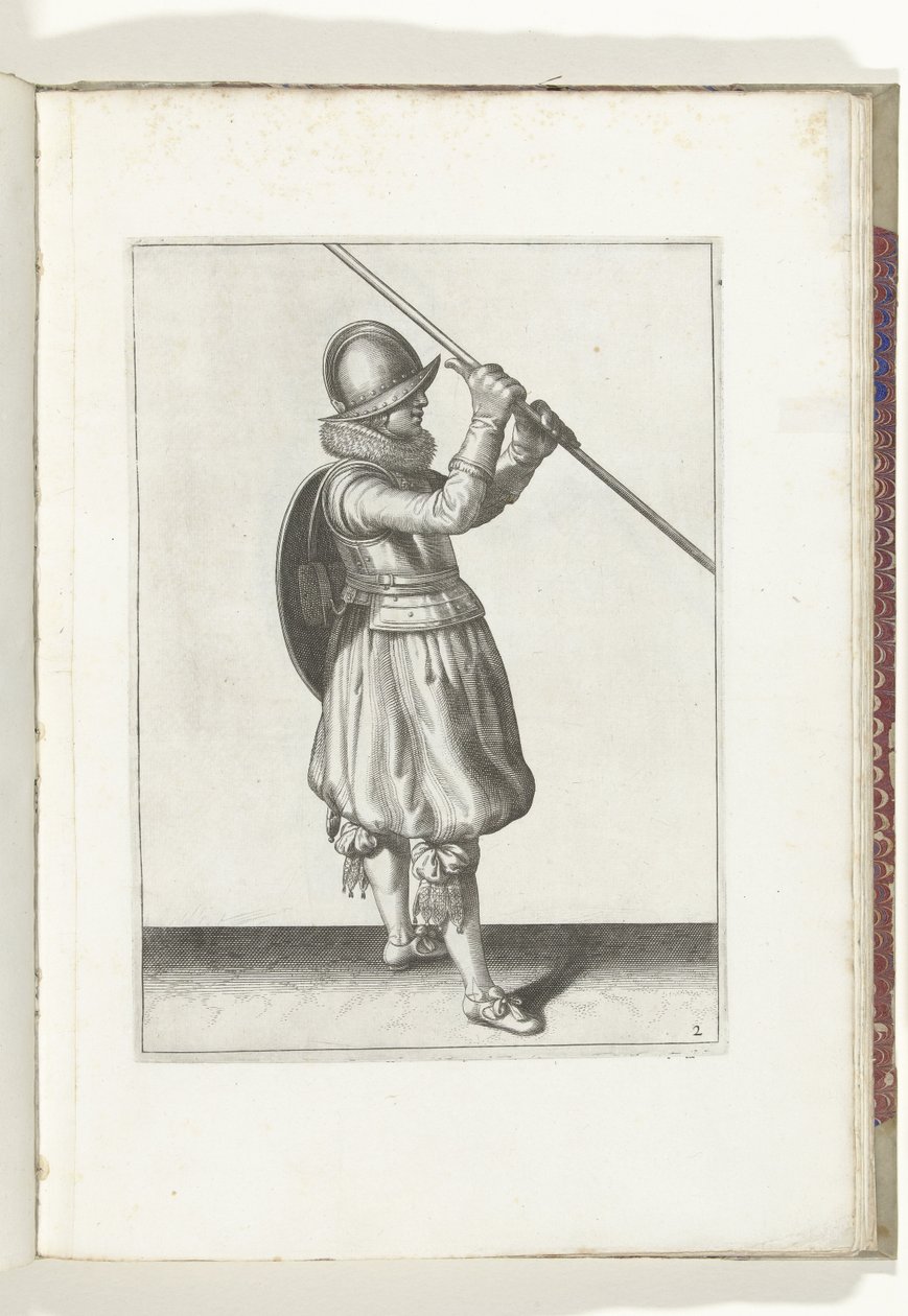 Die Übung mit Schild und Speer: der Soldat mit dem Speer schräg in ...