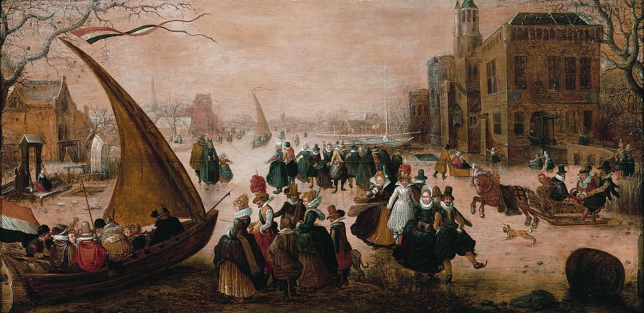Winterlandschaft mit zahlreichen elegant gekleideten Figuren, die auf ...