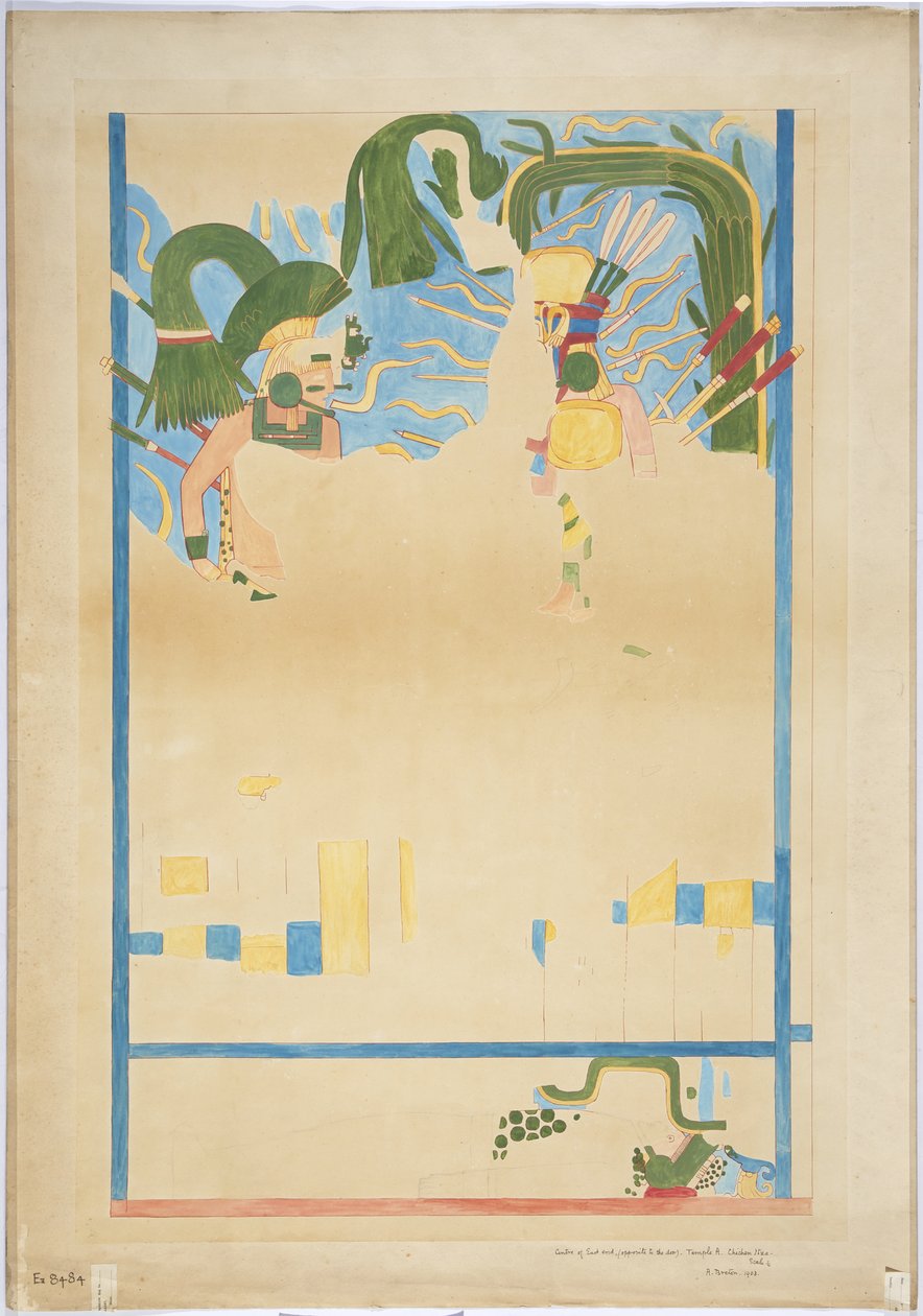 Viertelmaßstab-Kopie eines Wandgemäldes aus der Mitte der Ostwand, innere Kammer, Oberer Tempel der Jaguare, Großer Ballspielplatz, Chichen Itza, Mexiko von Adela Breton