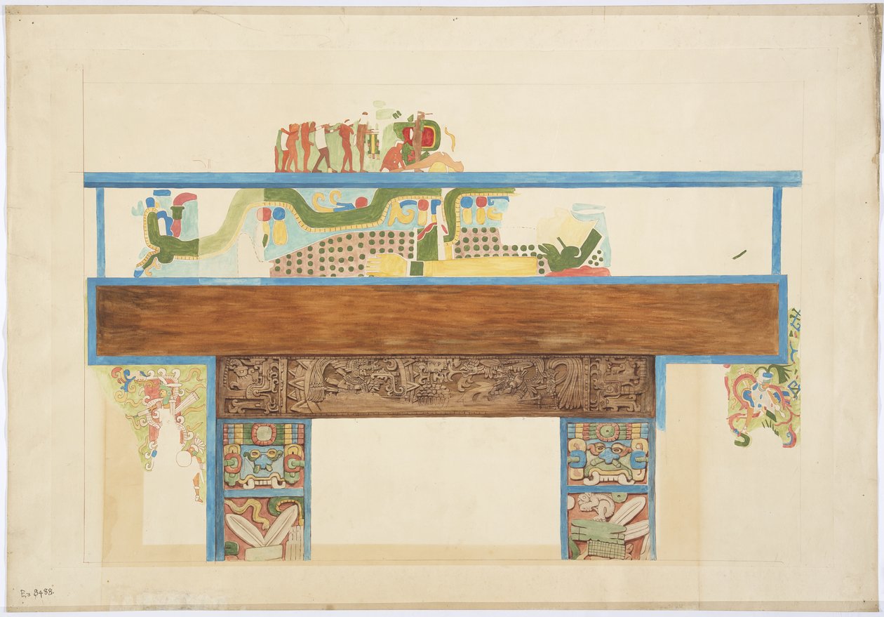 Viertelmaßstabskopie eines Wandgemäldes an der Westwand, Oberer Tempel der Jaguare, Chichen Itza, Mexiko von Adela Breton