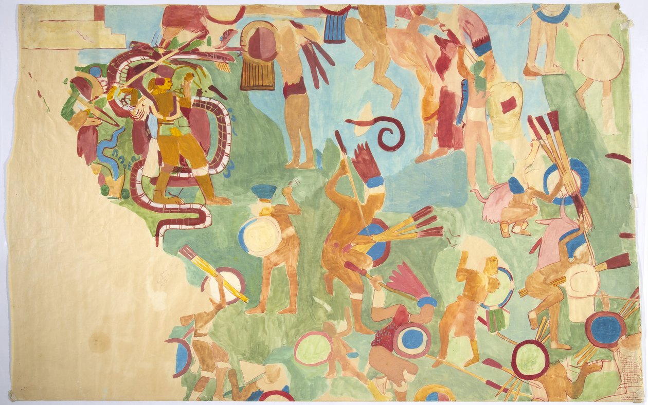 Abzeichnung einer Wandmalerei aus der inneren Kammer, Oberer Tempel der Jaguare, Südwand, Großer Ballspielplatz, Chichen Itza, Mexiko von Adela Breton