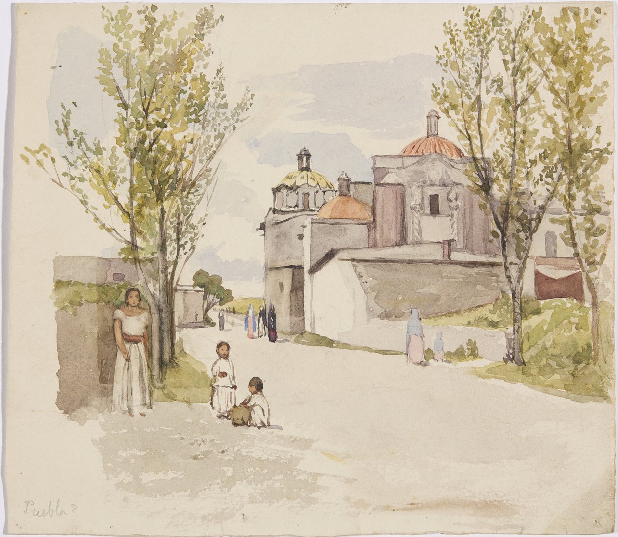 Ansicht einer Dorfstraße mit Frauen und Kindern - Puebla (?), Mexiko von Adela Breton