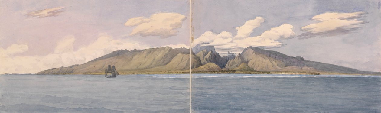 Tahiti. Die Schlucht von Fautaua - Kronen- oder Diademberg im Zentrum der Insel und die Stadt Papeiti, 24. August 1849 von Admiral Sir Edward Gennys Fanshawe