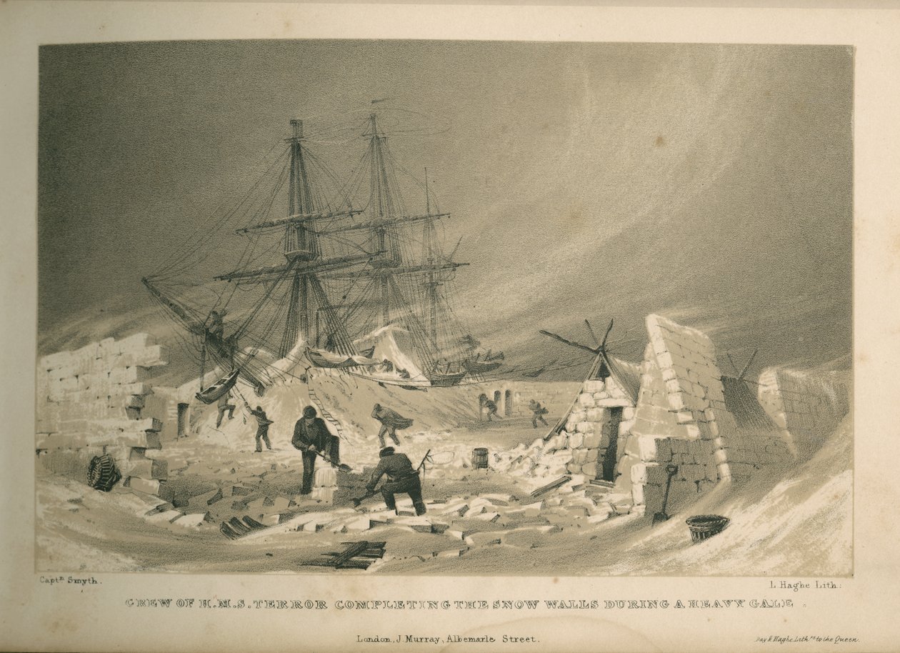 Besatzung der H.M.S. Terror beim Bau der Schneewände während eines schweren Sturms von Admiral William Henry Smyth