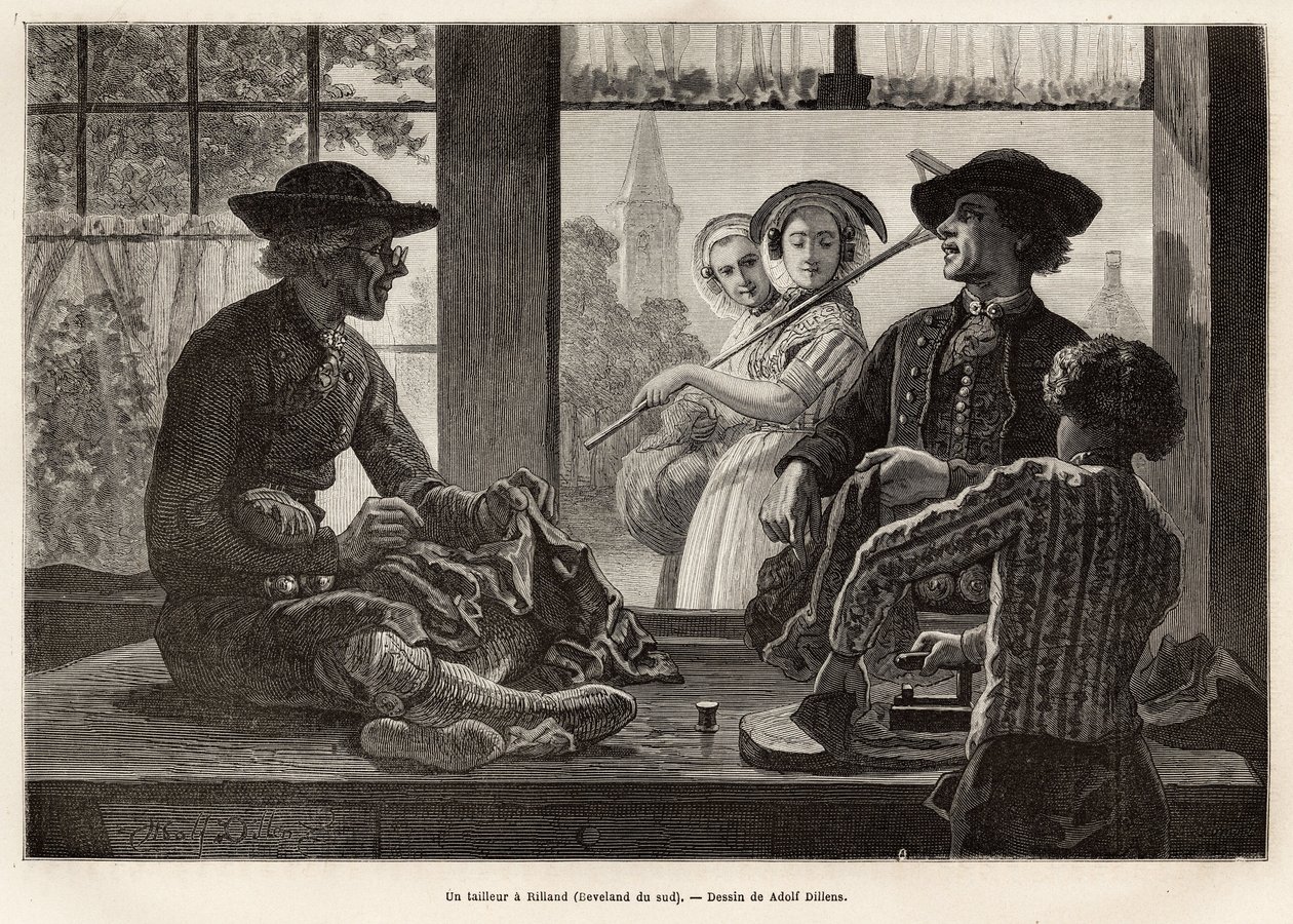 Ein Schneider und sein Lehrling, die am Fenster arbeiten, um das Licht und das Schauspiel der Passanten auf der Straße zu genießen, in Rilland (Süd-Beveland), Gravur nach der Zeichnung von Adolf Dillens, zur Illustration einer Reise nach Zeeland (Niederla von Adolf Alexander Dillens
