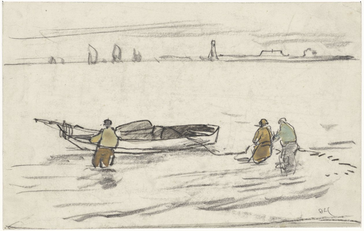 Drei Männer im Wasser ziehen ein Segelboot ans Ufer von Adolf le Comte