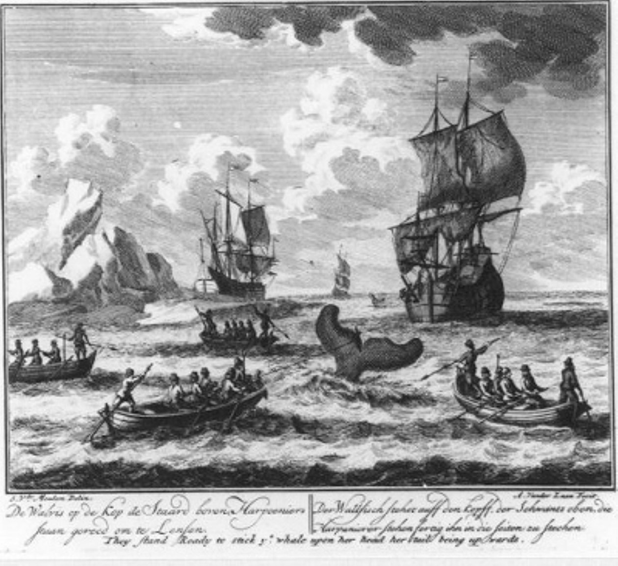 Der Wal auf dem Kopf, der Schwanz oben, Harpuniere bereit zum Entleeren (Nr. 5 aus der Serie Walvisvaart) von Adolf van der Laan
