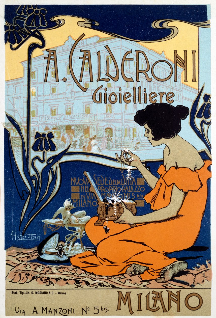 Werbeplakat für Calderoni Juwelier in Mailand, ca. 1920 von Adolfo Hohenstein
