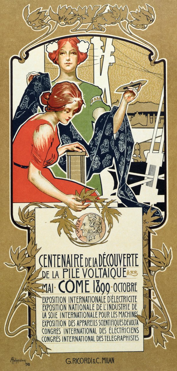 Plakat zur Werbung für das Jahrhundert der Entdeckung der Voltaschen Säule, 1899 von Adolfo Hohenstein