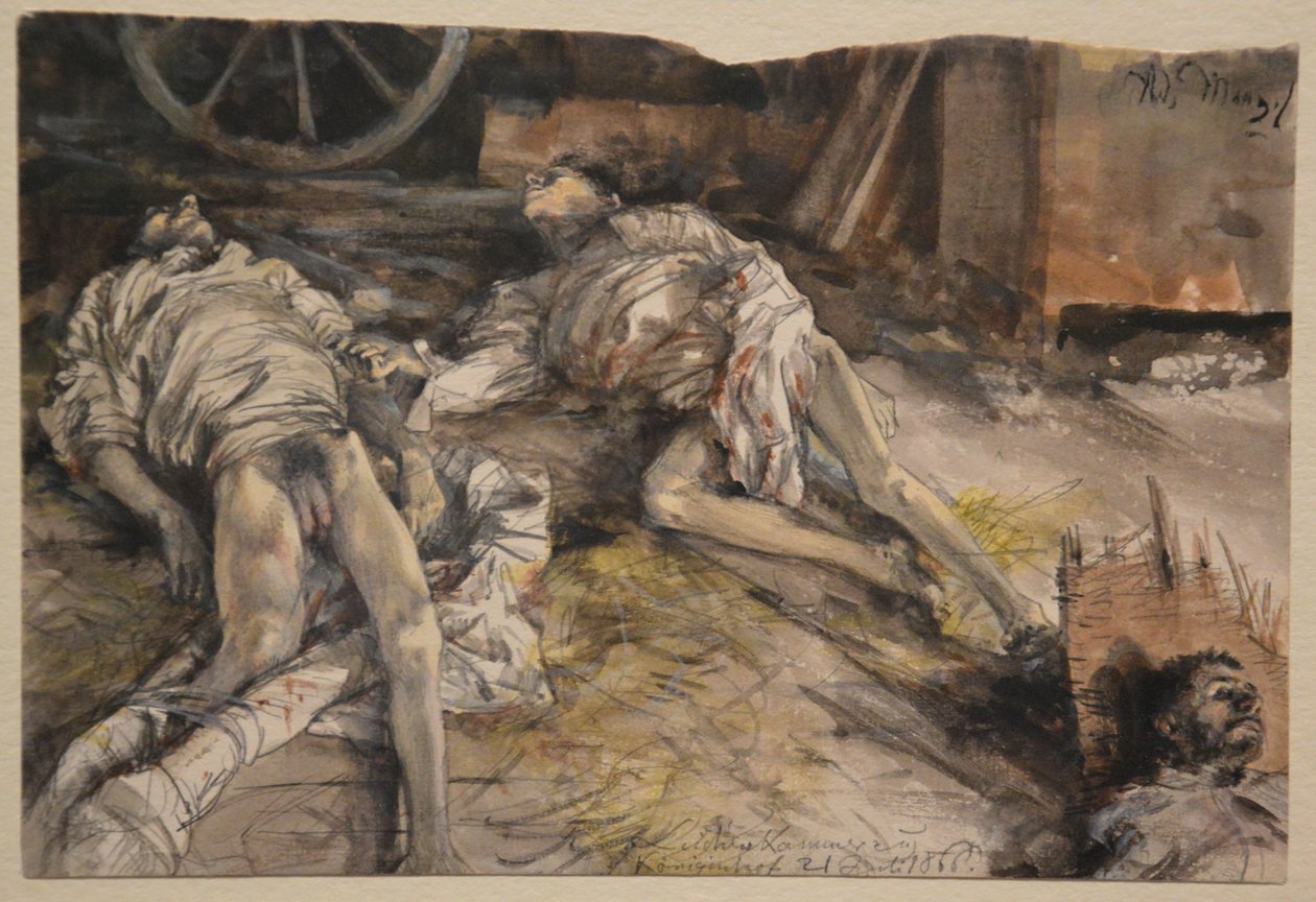 Drei gefallene Soldaten in einer Scheune von Adolph Menzel