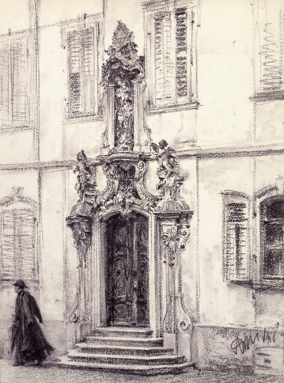 Ein Mann steigt die Treppe eines Gebäudes mit barockem Portal hinunter, 1884 von Adolph Menzel