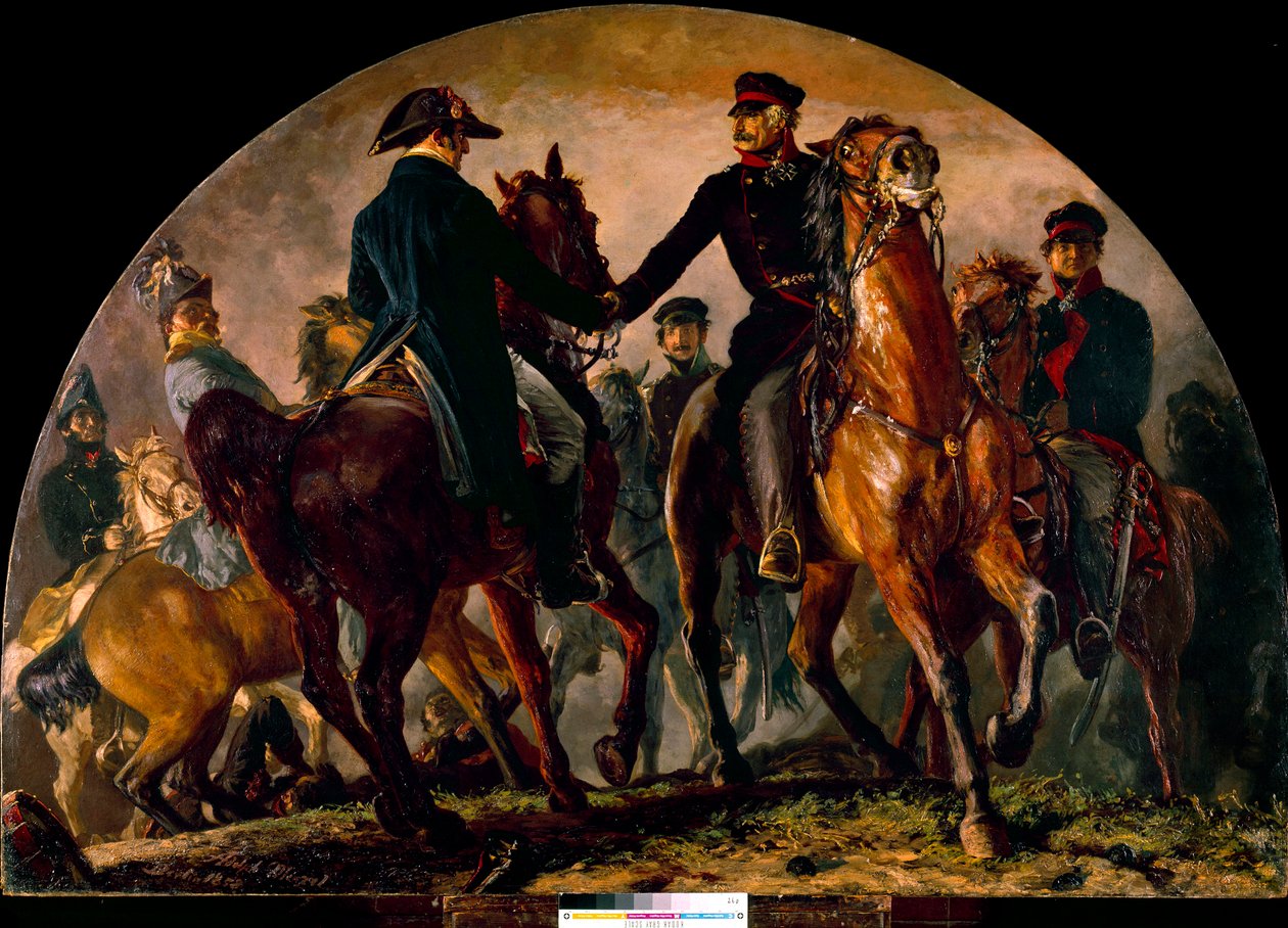 Treffen von Gebhard Leberecht von Blücher (1742-1819) und Arthur Wellesley Wellington (1769-1852) in der Schlacht von La Belle Alliance (1815). Gemälde von Adolf Menzel (1815-1905) von Adolph Menzel
