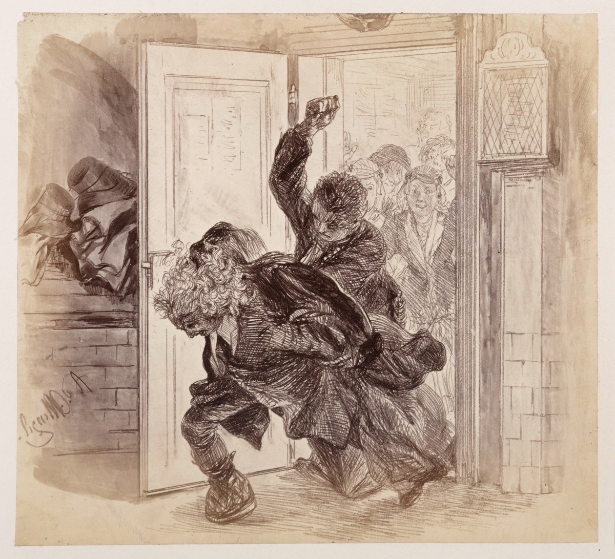 Adam, von Ruprecht verprügelt, stürzt aus dem Gerichtszimmer, Eve und die anderen sehen im Hintergrund zu, zu Heinrich von Kleist "Der zerbrochene Krug" von Adolph Menzel