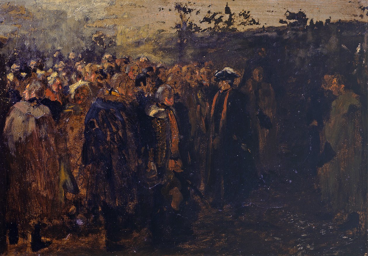Ansprache Friedrichs des Großen an seine Generale vor der Schlacht bei Leuthen. Skizze von Adolph Menzel
