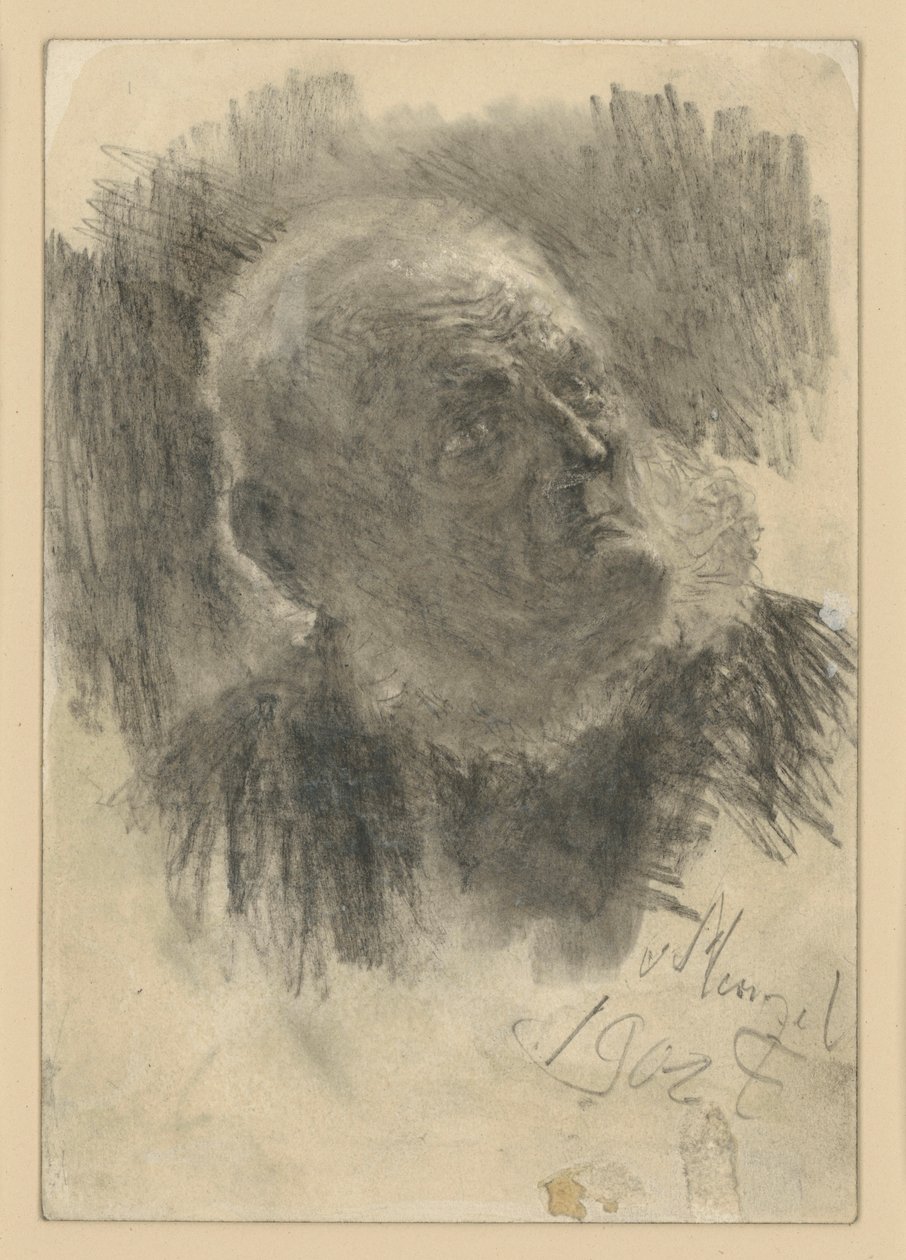 Brustbild eines alten Mannes mit Maurerfreese, nach rechts aufblickend von Adolph Menzel