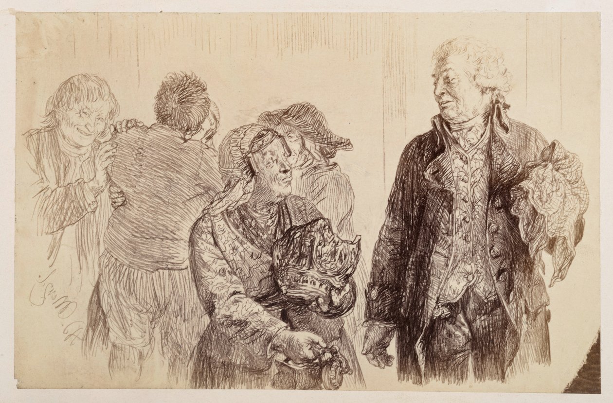Der Gerichtsrat, mit dem Schnupftuch in der Rechten, wechselt mit der schmollenden Marthe die letzten Worte. Hinter Marthe tauschen Eve und Ruprecht den Versöhnungskuss, zu Heinrich von Kleist "Der zerbrochene Krug" von Adolph Menzel