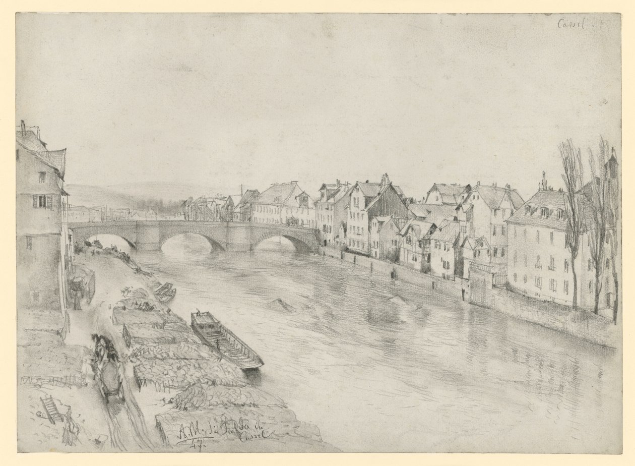 Die Fulda in Kassel. Flusslandschaft mit Brücke und Häusern von Adolph Menzel