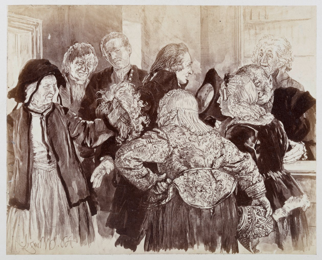 Die alte Brigitte mit der Perücke im Gerichtszimmer, zu Heinrich von Kleist "Der zerbrochene Krug" von Adolph Menzel