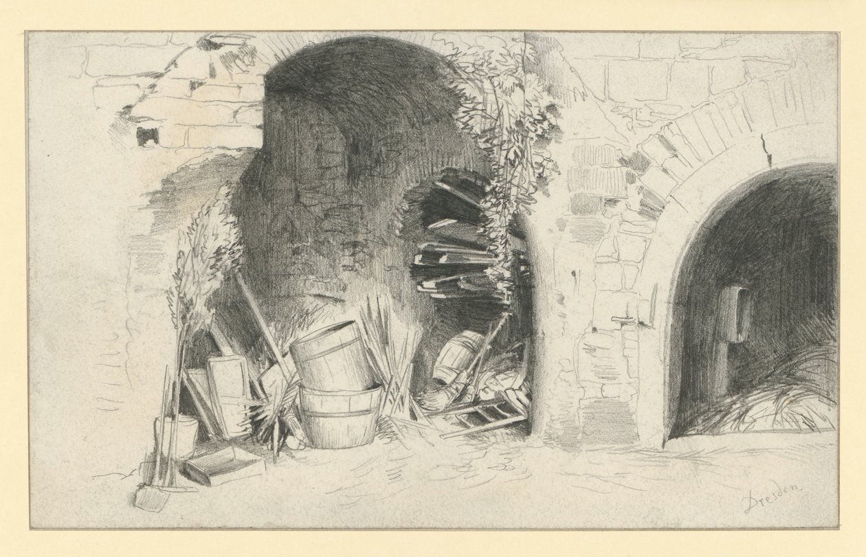 Fässer und Bretter unter Bögen der Jungfernbastei in Dresden von Adolph Menzel