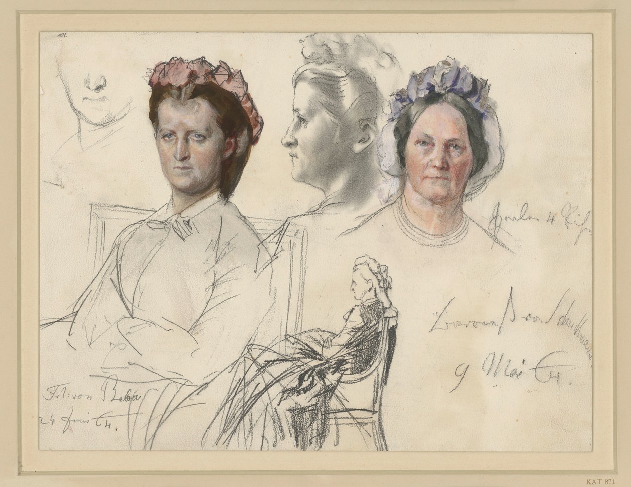 Fräulein von Below, Halbfigur sitzend nach links, Kopf beinahe en face, r.: Kopfstudie im Profil nach links, u.: ganze Figur sitzend (zum Teil durchgestrichen) r.:Baroness von Schuckmann, Kopfstudie en face von Adolph Menzel