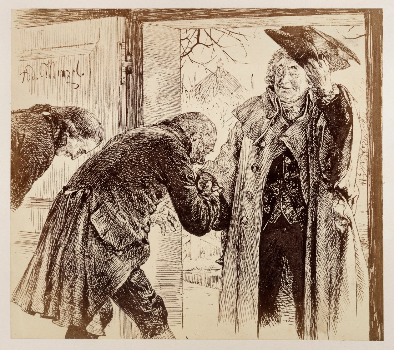 Gerichtsrat Walter tritt, freundlich den Hut lüftend, von rechts zur Tür herein, von Adam und Licht untertänig begrüßt, zu Heinrich von Kleist "Der zerbrochene Krug" von Adolph Menzel