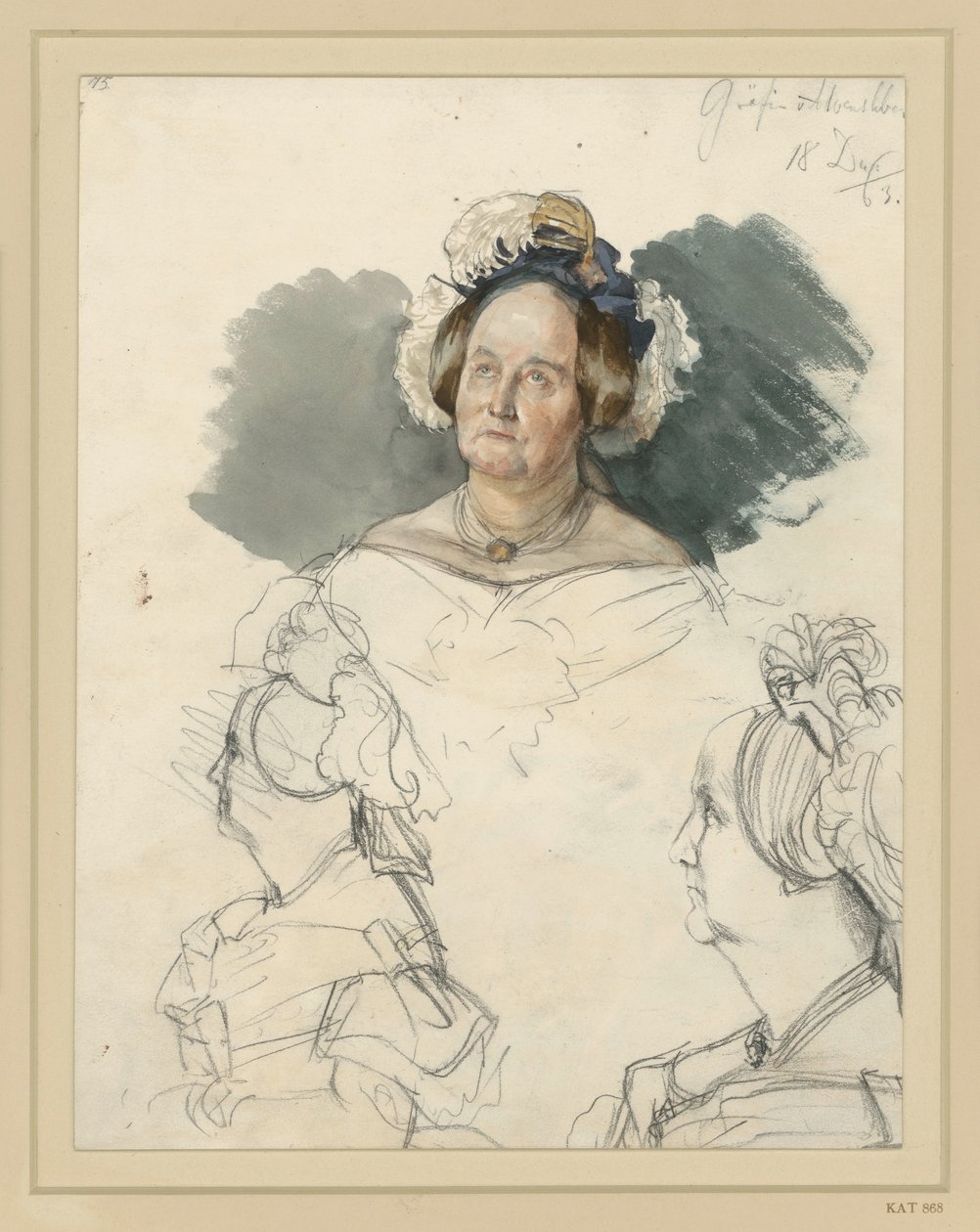 Gräfin Alvensleben, geb. v. d. Osten-Sacken. Darunter zwei Brustbilder. Studie zum Gemälde (Krönung Wilhelms I. in Königsberg) von Adolph Menzel