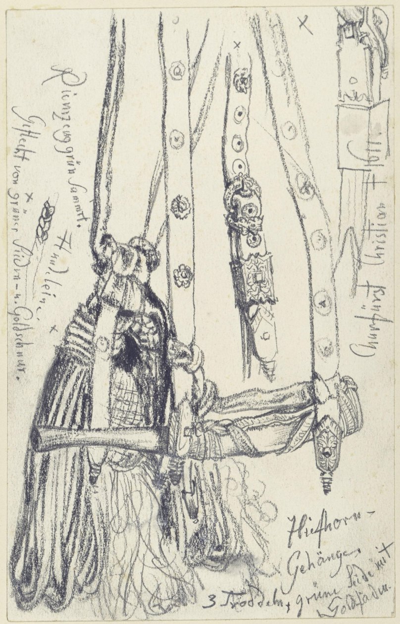 Jagdhorn, Hornfessel und Hornseil zur Smaragd-Jagdwaffengarnitur Johann Georgs I. von Sachsen, Historisches Museum, Dresden von Adolph Menzel