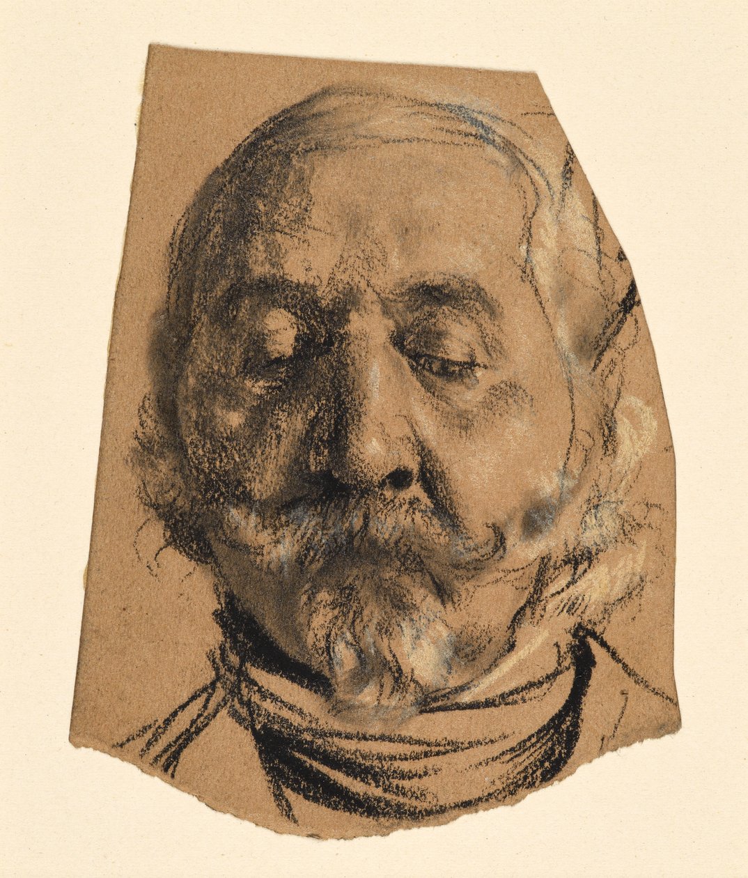 Kopf eines Mannes mit Schnurr- und Knebelbart sowie geschlossenen Augen von Adolph Menzel