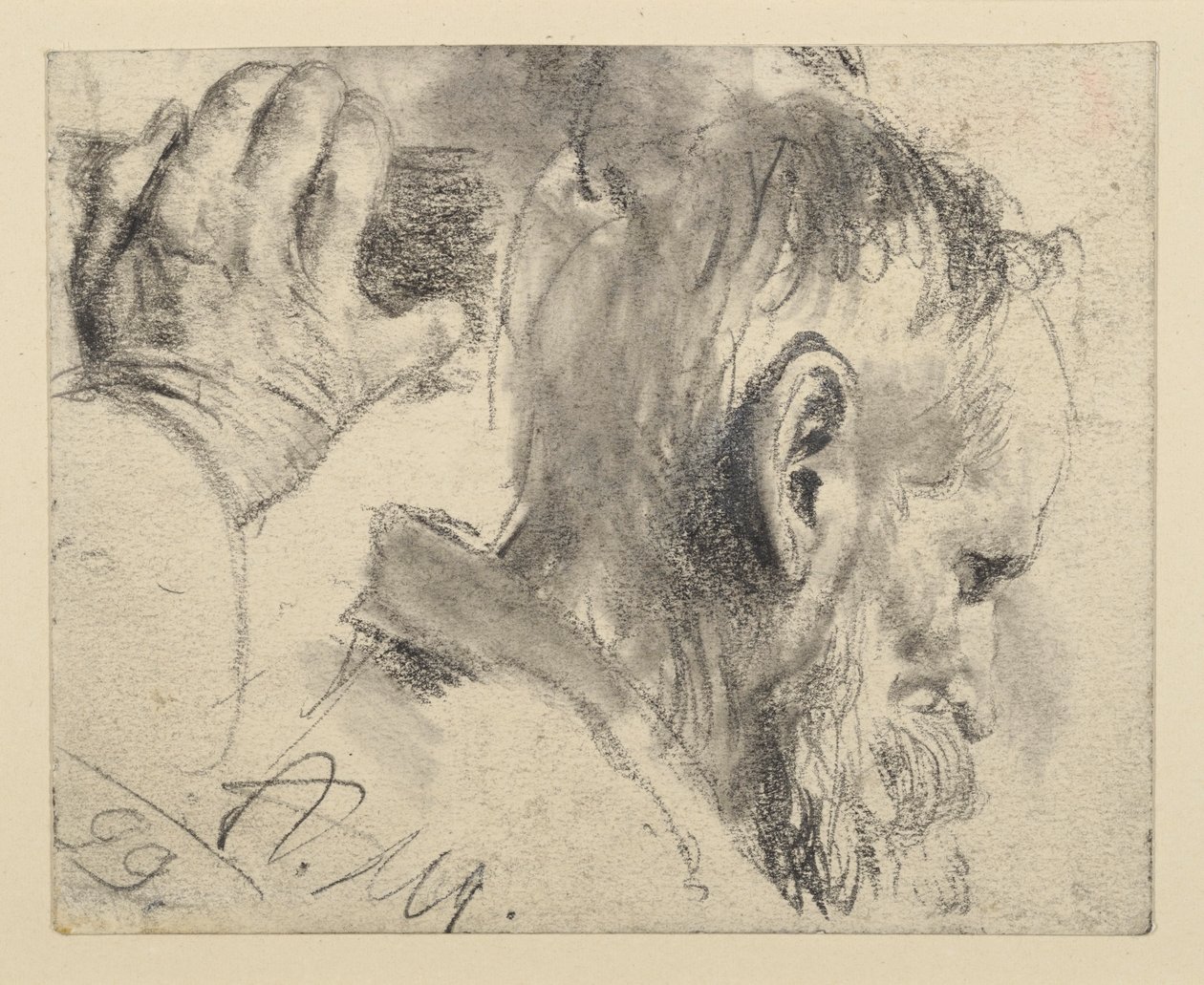 Kopf eines bärtigen Mannes, etwas gesenkt, nach rechts und rechte Hand von Adolph Menzel