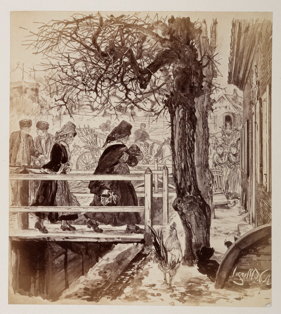 Marthe schreitet, von Eve gefolgt, mit den Scherben über eine Brücke nach links, rechts sieht man auch Veit und seinen Sohn Ruprecht kommen, zu Heinrich von Kleists „Der zerbrochene Krug“ von Adolph Menzel