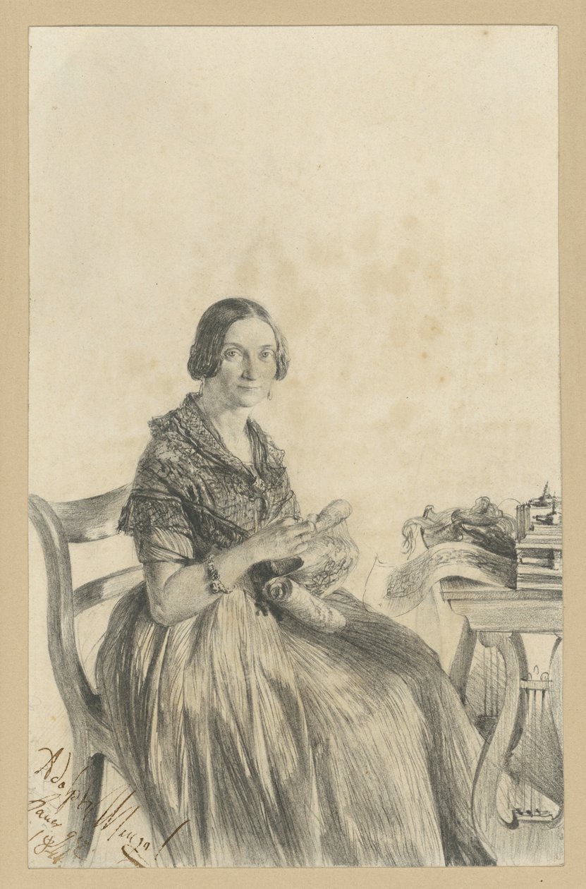 Pauline Martini, geb. Dambke, am Tisch sitzend, Blick dem Betrachter zugewandt von Adolph Menzel