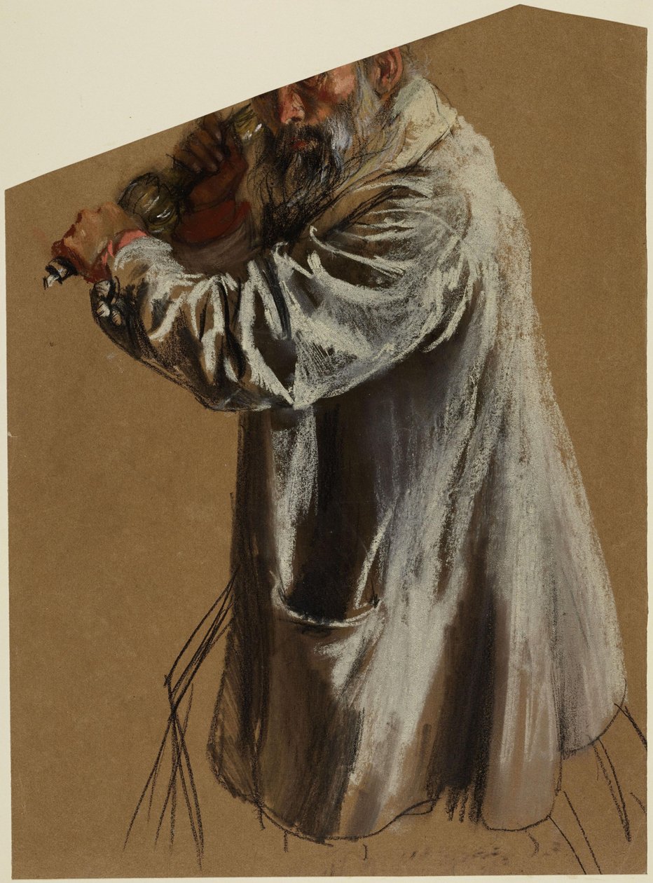 Rock eines älteren, bärtigen Mannes mit Laternengriff, Kniestück nach links, oberhalb der Augen beschnitten von Adolph Menzel