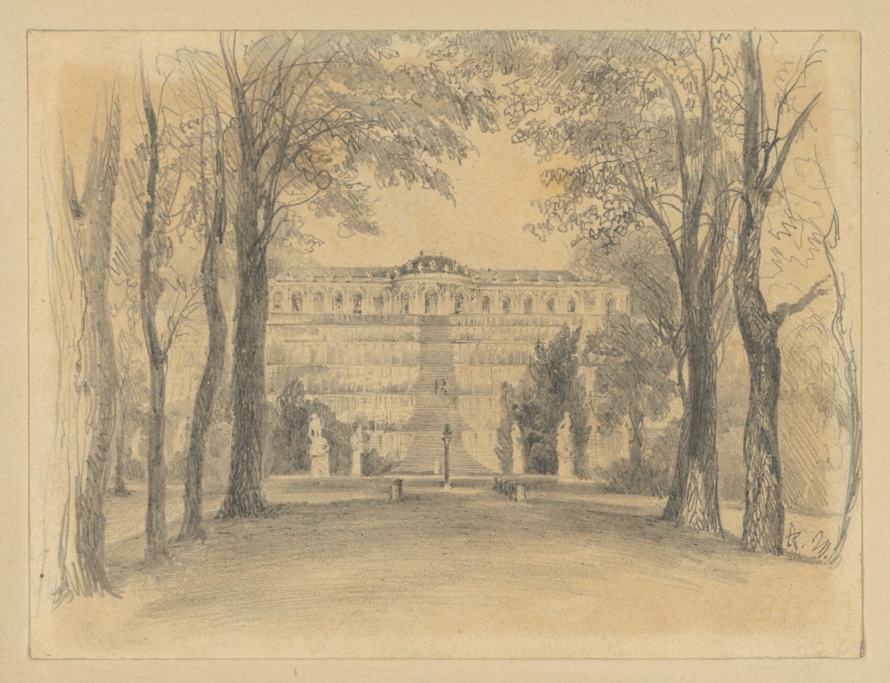Schloss Sanssouci mit den Terrassen und dem Brunnen von Adolph Menzel