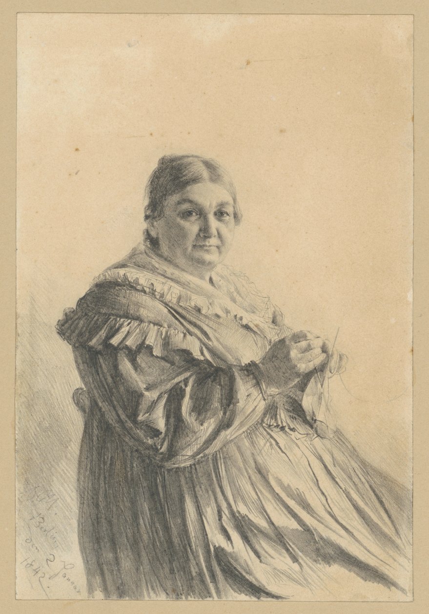 Sitzende ältere Frau mit Strickstrumpf von Adolph Menzel