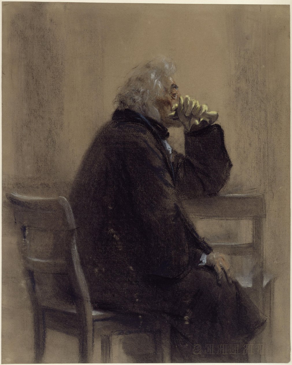 Sitzender älterer Herr im Überzieher mit Handschuhen, Kniestück, Profil nach rechts von Adolph Menzel