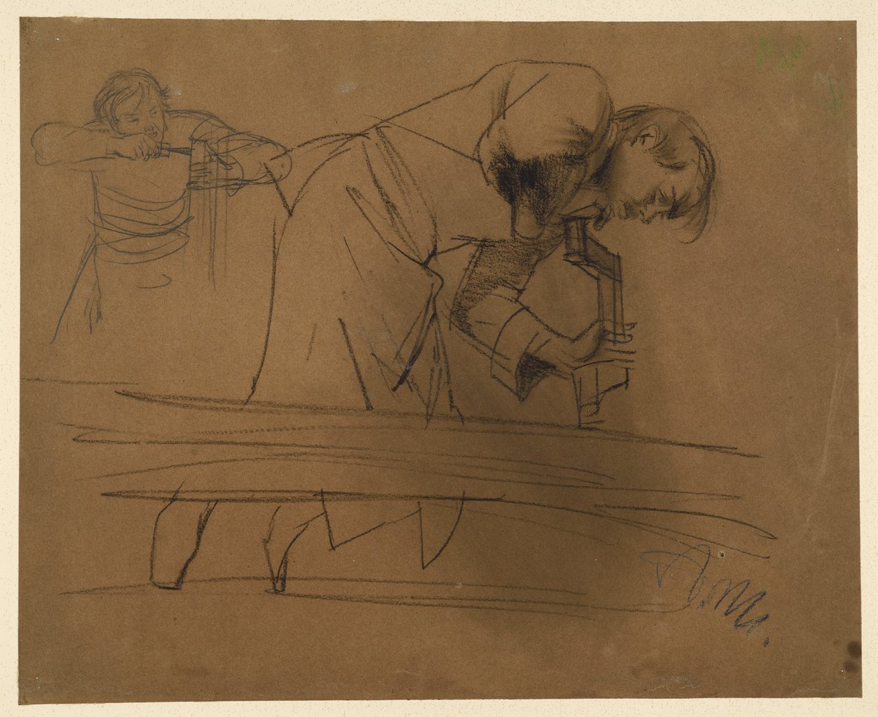Tischler mit Bohrer sowie mit Stecheisen arbeitend von Adolph Menzel