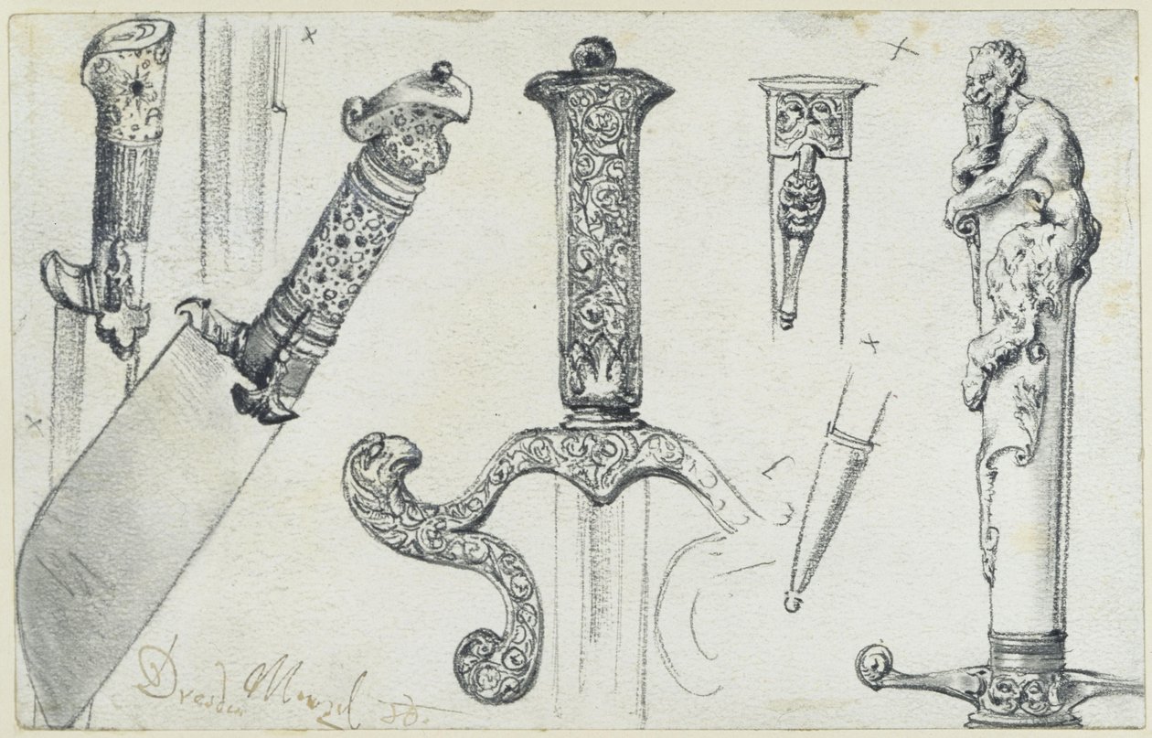 Weidmesser vom Ende des 16. Jh., Jagdschwert aus der 1. Hälfte des 17. Jh. sowie der "Permoser"-Hirschfänger vom Anfang des 18. Jh., Historisches Museum, Dresden von Adolph Menzel