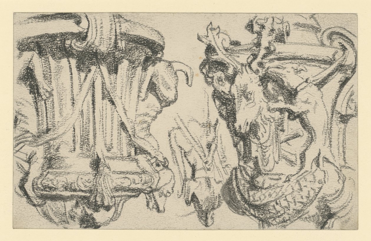 Zwei Vasen auf der Balustrade der Terrasse von Schloss Moritzburg bei Dresden von Adolph Menzel