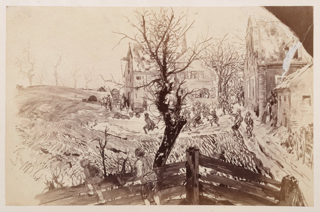 Zwischen den letzten Häusern des Dorfes bricht die Menge hervor, um den fliehenden Adam zu verfolgen, den man mit seinem Stock eilig abziehen sieht, zu Heinrich von Kleist "Der zerbrochene Krug" von Adolph Menzel