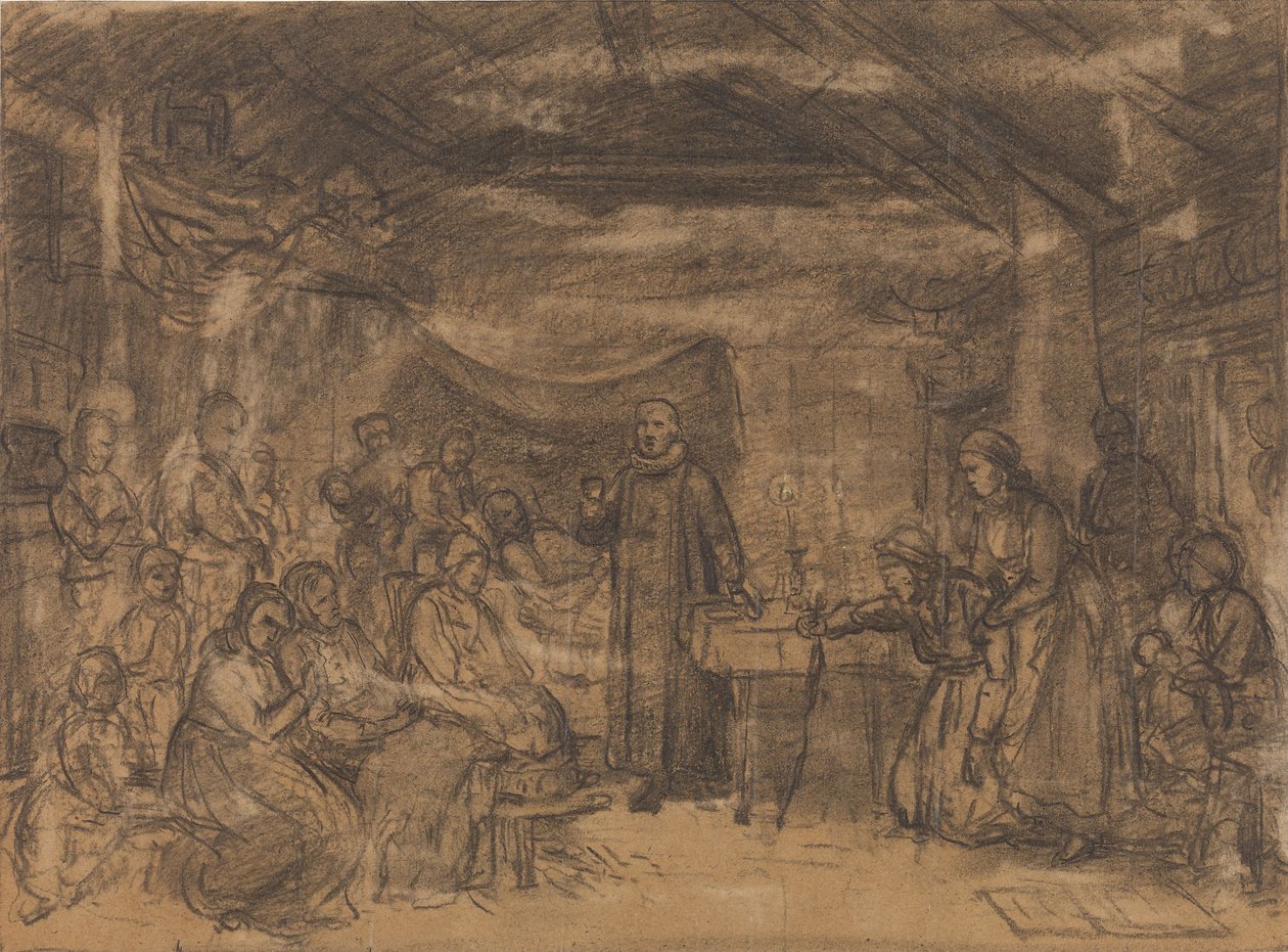 Priester spendet das Abendmahl in einer Bauernstube von Adolph Tidemand