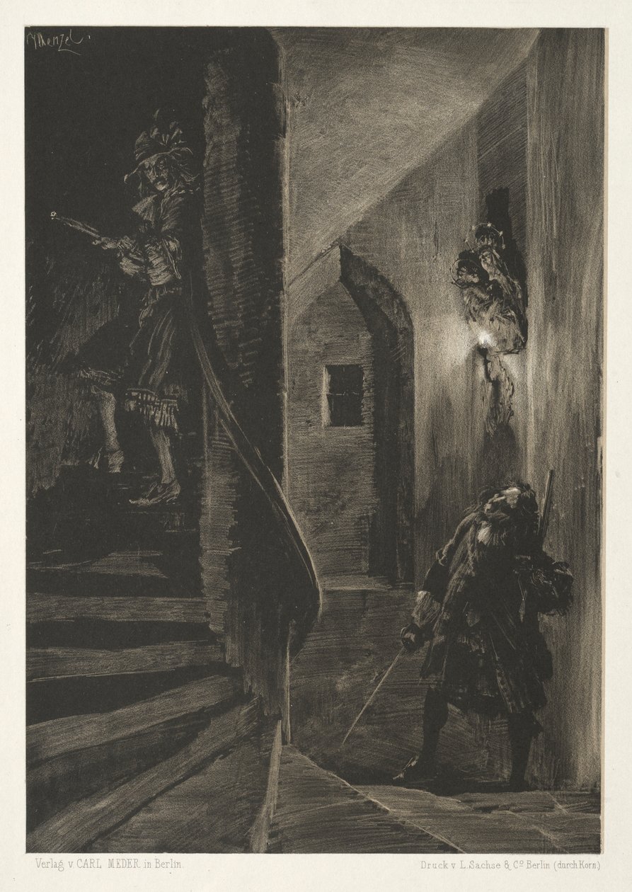 Essay über Stein mit Pinsel und Schaber: Jagd auf der Wendeltreppe von Adolph Menzel