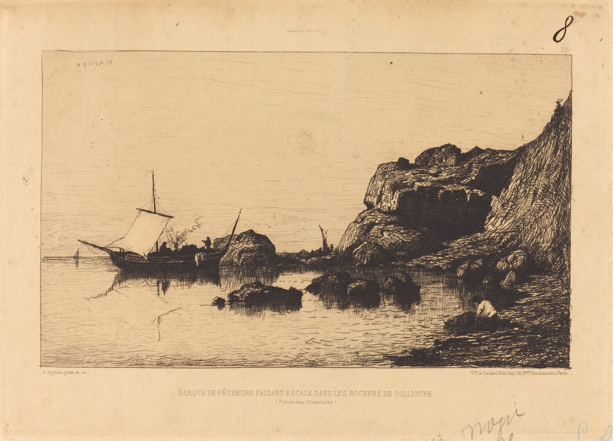 Fischerboot macht Halt in den Felsen von Collioure von Adolphe Appian