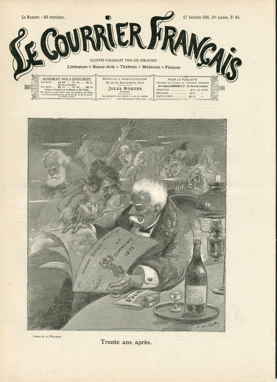 Titelblatt von „Le Courrier français“, Nummer 43, Satirisch in Schwarz-Weiß von Adolphe Leon Willette