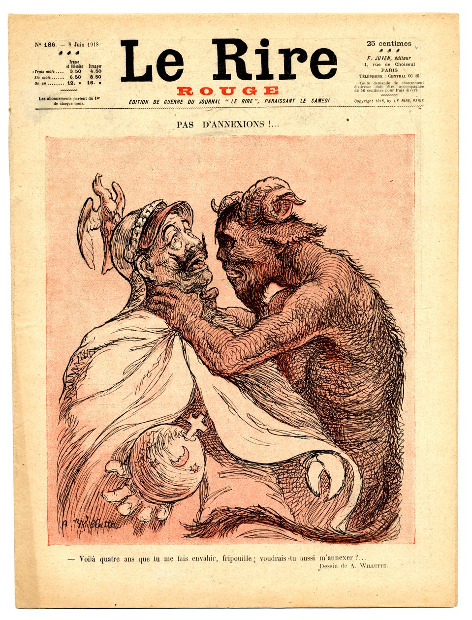Cover von „Das Rote Lachen“, satirisch in Farben von Adolphe Leon Willette