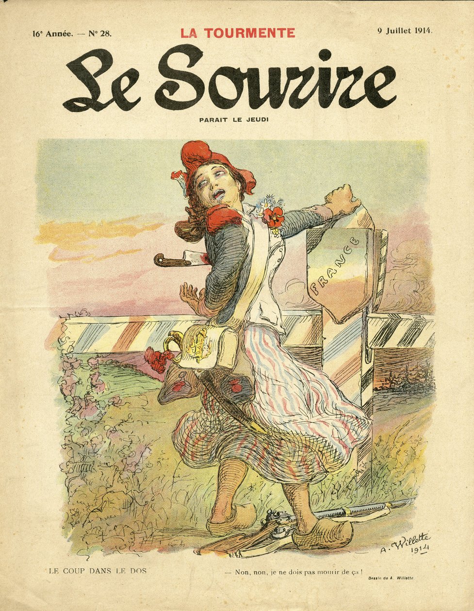 Illustration von Adolphe dit Willette für das Cover von Le Smile, Nr. 28, 09/07/14 - Der Schlag in den Rücken - Nationalismus, Französische Revolution, Krieg von 14-18 erste Mäuse, Grenzen - Marianne von Adolphe Leon Willette