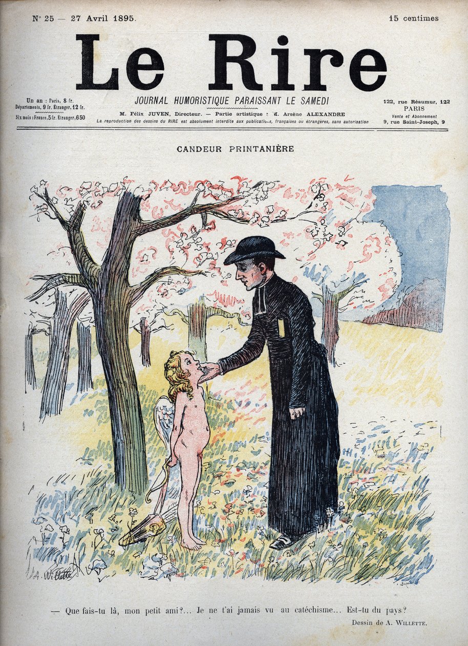 Frühlingskandor - In einem Blumenwald streichelt ein Priester das Gesicht eines nackten Kindes, das hinter seinem Rücken einen Bogen und Pfeile sowie ein Paar Flügel versteckt. Nicht wissend, dass er Amor ist, fragt er ihn, ob er neu ist, da ihn noch nie j von Adolphe Leon Willette