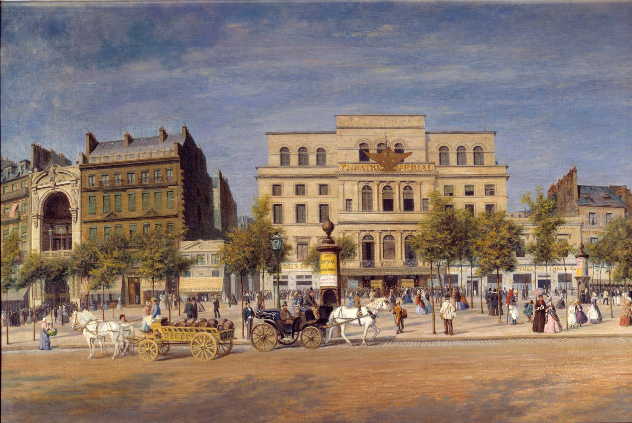 Gesamtansicht der Theater des Boulevard du Temple vor dem Durchbruch des Boulevard Prince Eugene, Detail der Pariser Kutschen vor dem Imperial Theatre. Gemälde von Adolphe Potemont von Adolphe Martial Potemont