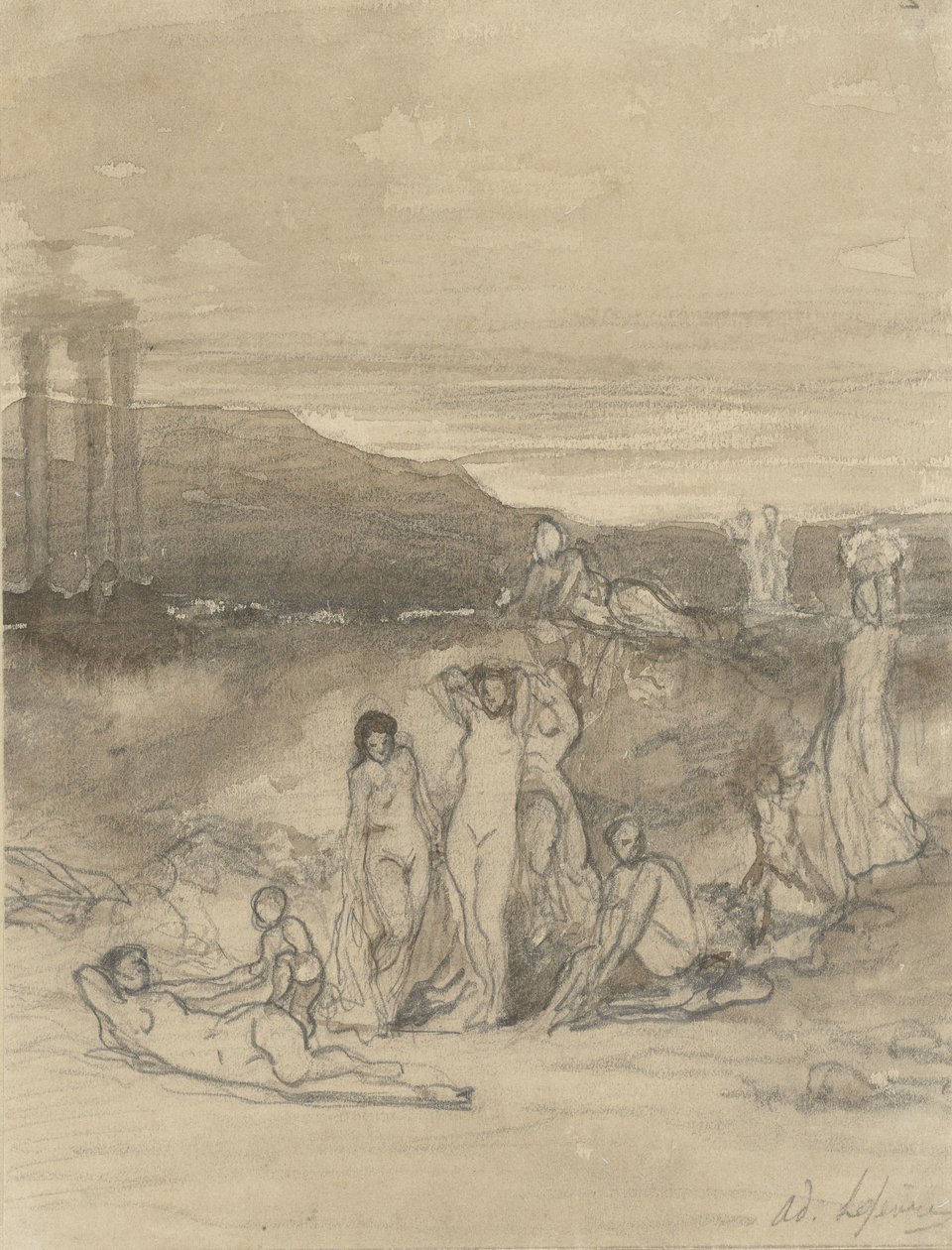 Klassische Landschaft mit liegenden, stehenden und sitzenden nackten Figuren und einer Tempelruine von Adolphe René Lefèvre
