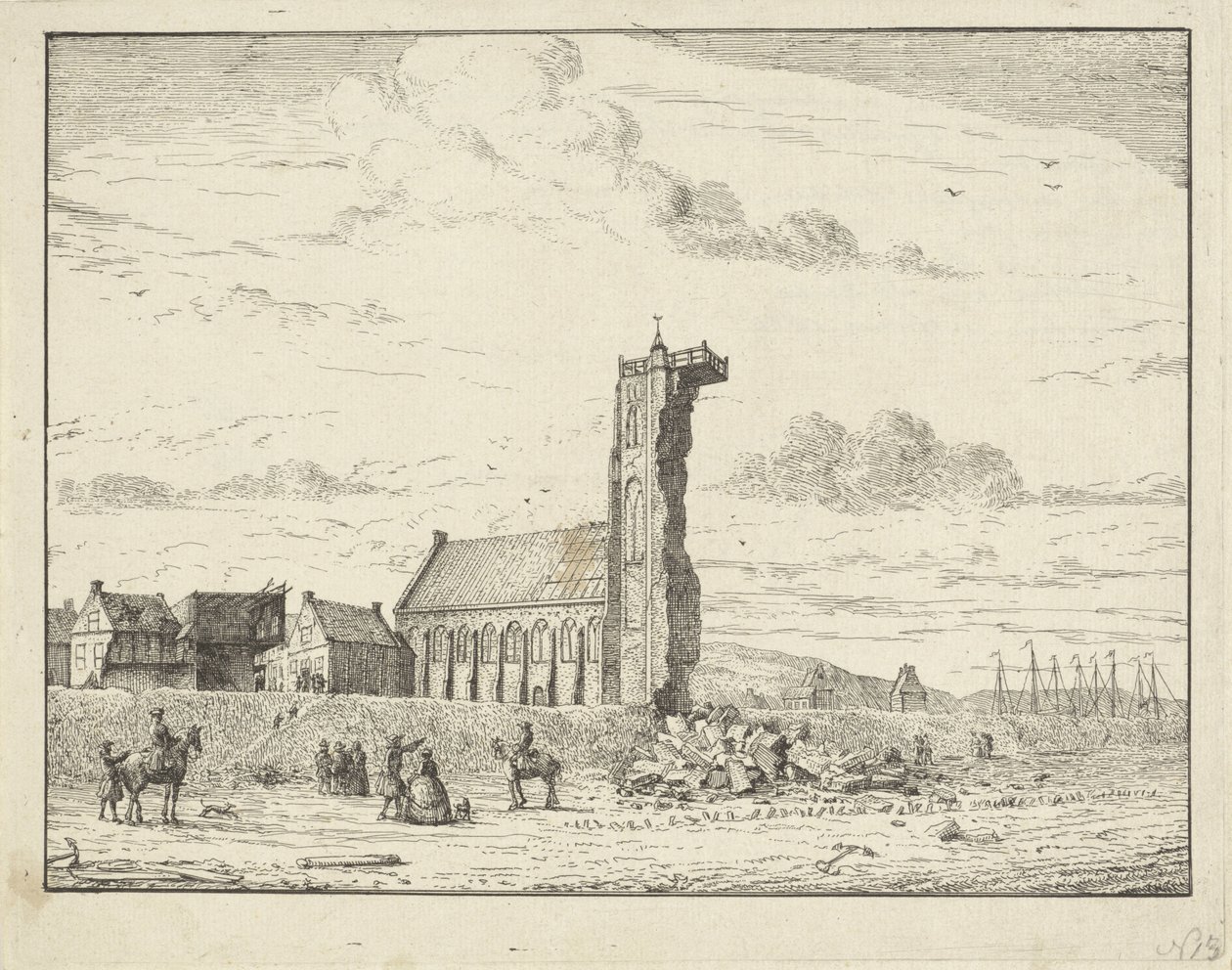 Eingestürzter Turm in Egmond aan Zee, 1741 von Adriaan Spinder