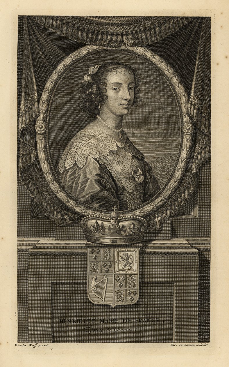Henrietta Maria von Frankreich, Frau von König Karl I. von England. In Kleid mit Spitzenkragen, Perlenkette. Mit Krone und Wappen. Kupferstich von Charles Simonneau nach Adriaen van der Werff aus Isaac de Larrey